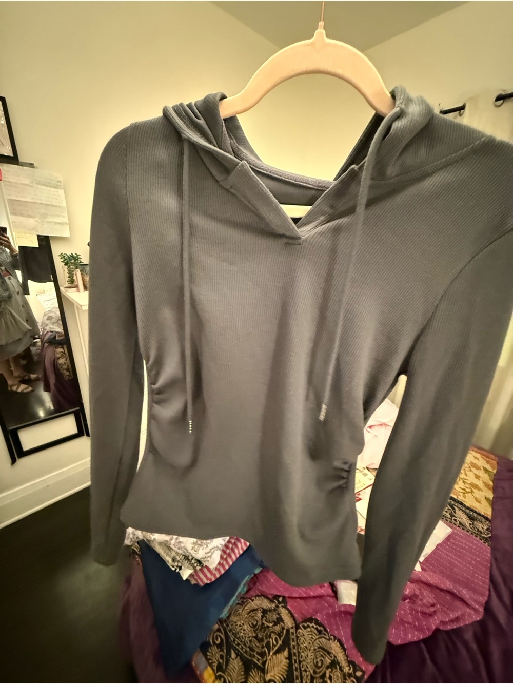 Dazy x StarSeries Ribbed Ruched Hoodie Top – XL – Slate Gray